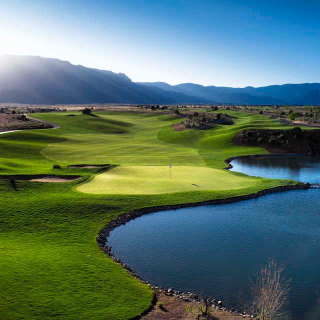 A view of the 18th green with water coming into play at Sandia Golf Club
