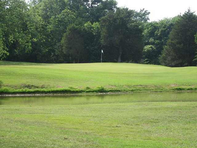 A view of the 14th green protected by water at Webb Hill Country Club