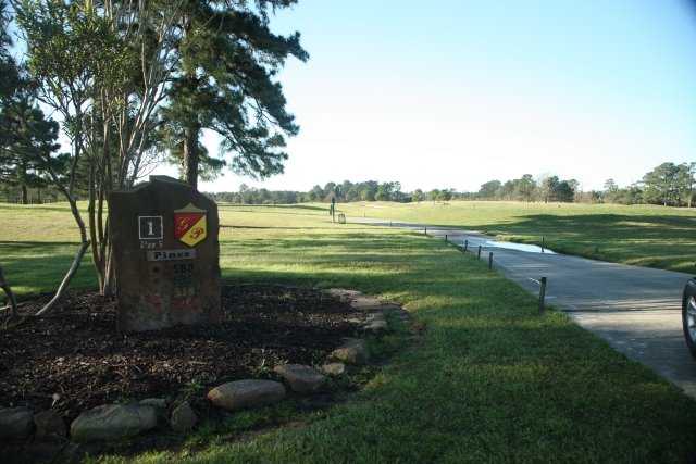 A view of tee #1 sign at Pines Course from Gleannloch Pines Golf Club