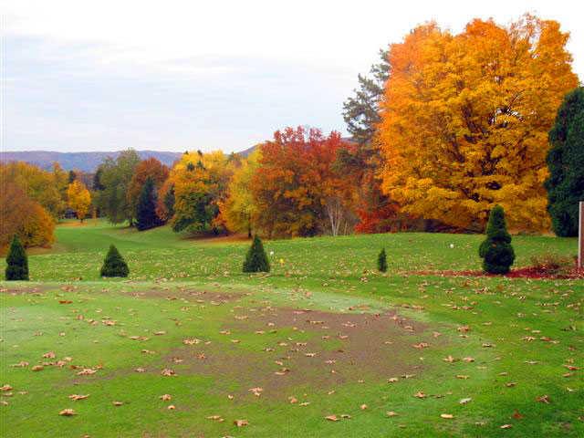 A fall view of a tee at the Club from Shepard Hills