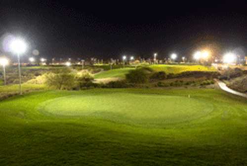 An evening view of a green at Cloud 9 Course from Angel Park Golf Club
