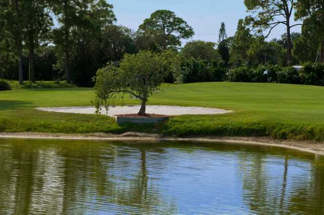 A view over the water of hole #16 at Mainlands Golf Course