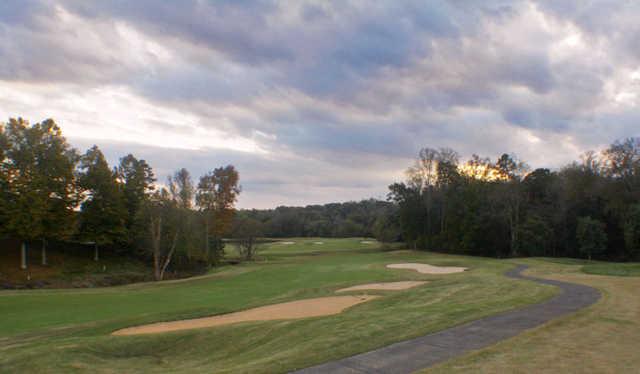 A view of fairway #1 with bunkers and water coming into play Salem Glen Country Club