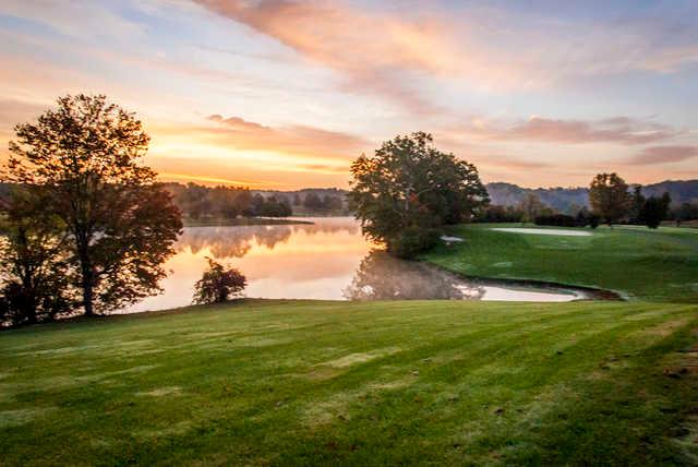 A view from a fairway with water on the left side at A. J. Jolly Golf Course