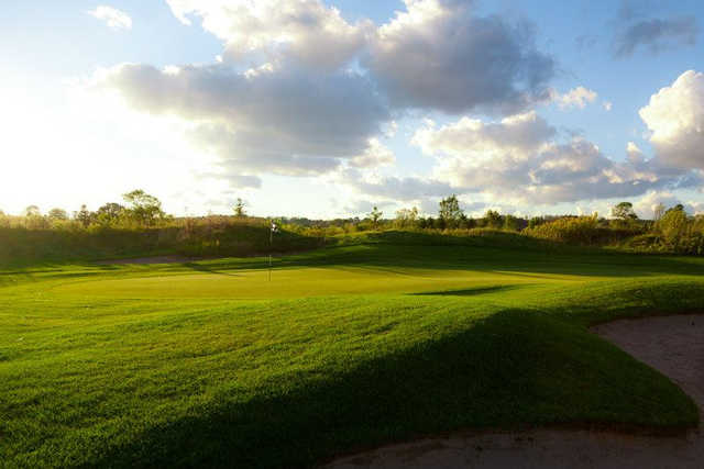 A view of green #14 flanked by tricky bunkers at Innisfil Creek Golf Course
