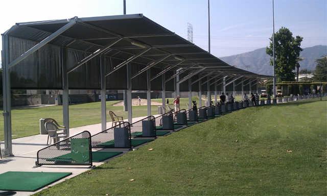 A view of the driving range tees at Glen Oaks Golf & Racquet Club