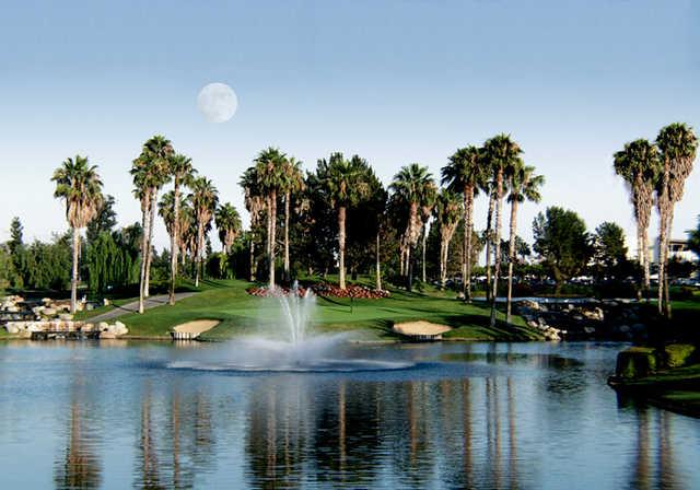 A view over the water of a green at Tustin Ranch Golf Club