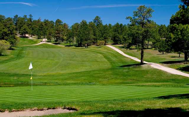 A view of a green with a narrow path on the right side at The Country Club at Woodmoor
