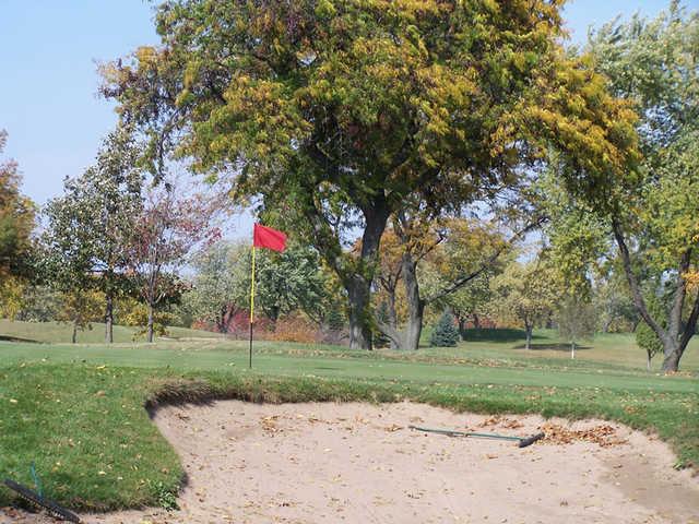 A view of a green guarded by a sand trap at Bloomingdale Golf Course
