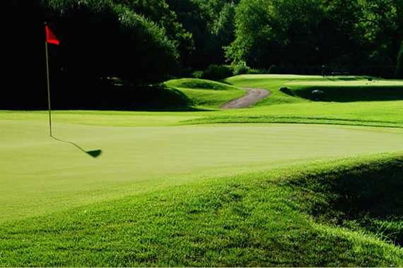 A sunny day view of a hole with a narrow path in the distance at Indian Hill Golf Club