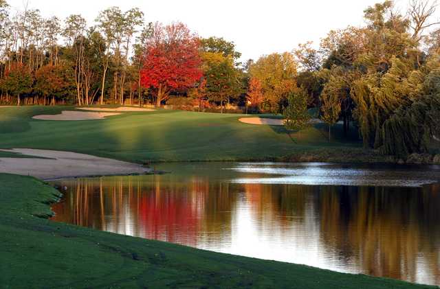 A view over the water of a green at Village Links of Glen Ellyn