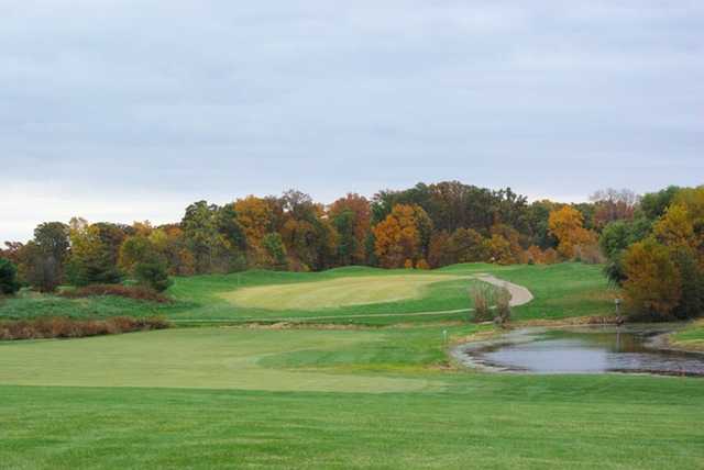 A fall view of the 17th fairway at Acorns Golf Links