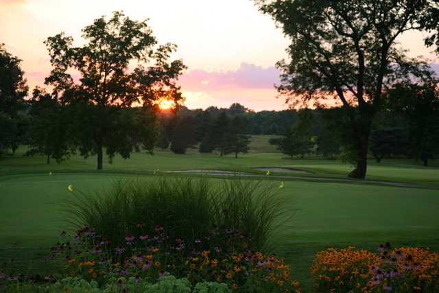 Sunset view of the practice area at Atwood Homestead Golf Course