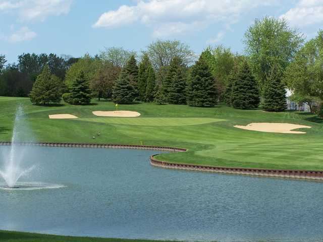 A view of green #7 with bunkers and water coming into play at Palatine Hills Golf Course.