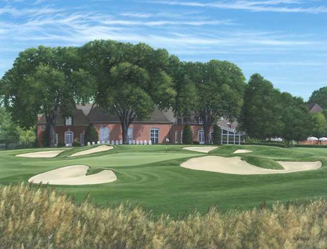 A view of a green surrounded by a collection of bunkers at Onwentsia Club