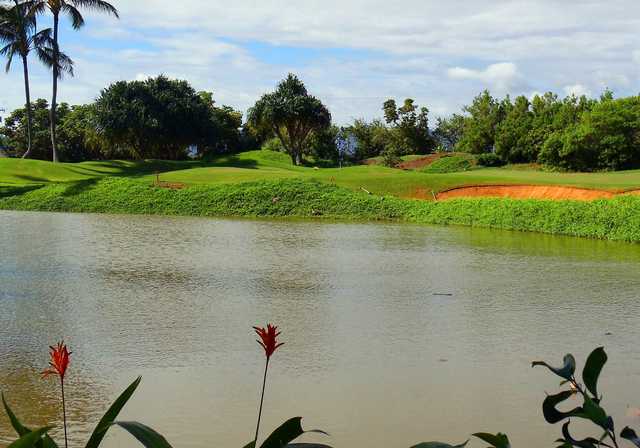 A view over the water from Waikahe Course at Kauai Lagoons Golf Club