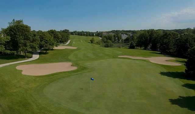 A view of hole #14 flanked by sand traps at Eighteen from Oak Glen Country Club