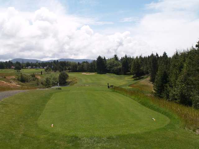 A view from a tee with a narrow path on the left side at Crestview Golf Club