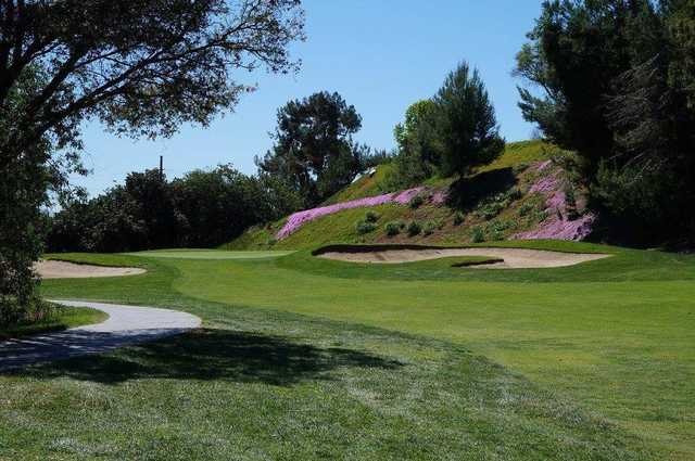 A view of a hole protected by bunkers at Pala Mesa Resort