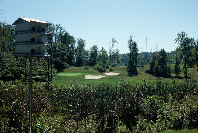 A view of a hole protected by bunkers at Cherry Wood Golf Course