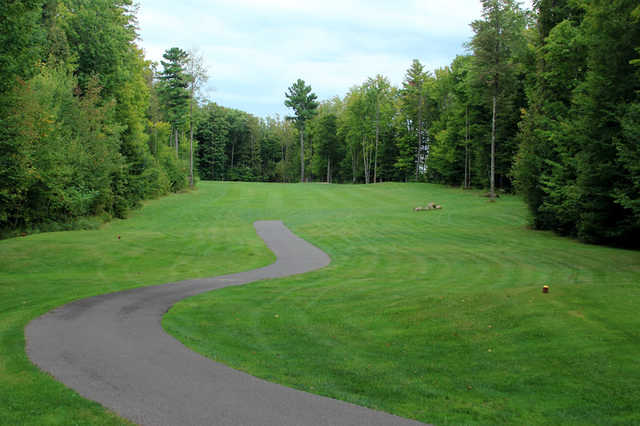 A view from a tee with a cart path on the left side at Pine Hills Golf Course
