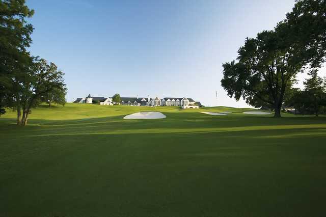 A view of a green protected by sand traps at Southern Hills Country Club