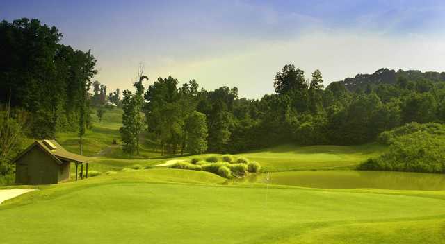 A view of a green with water coming into play at Tennessee Centennial Golf Course