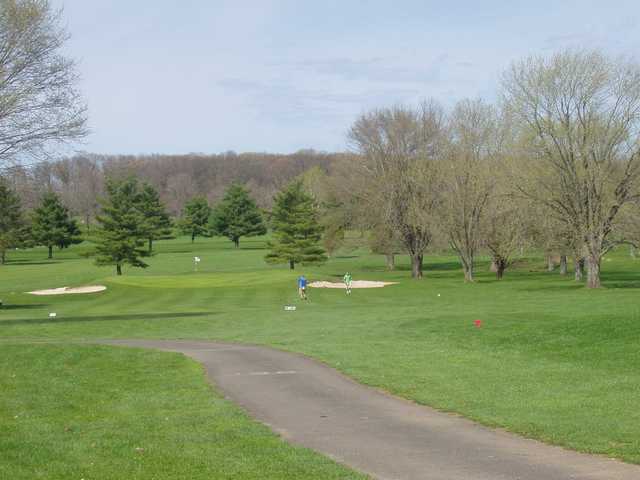 A view of a hole protected by sand traps at Neshaminy Valley Golf Club
