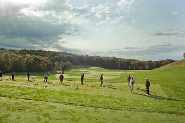 A view of the driving range at Virtues Golf Club