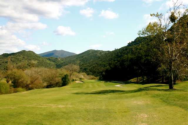 The par-4 5th hole on the Oak Glen course from Singing Hills Golf Resort at Sycuan narrows as it approaches the green.