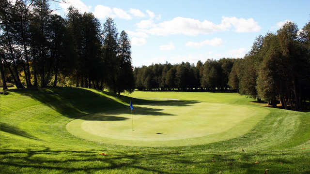 A view of a green and a tree lined fairway at Glen Cedars Golf Club