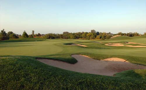 A view of the 17th hole guarded by a collection of bunkers at Hawthorn Woods Country Club