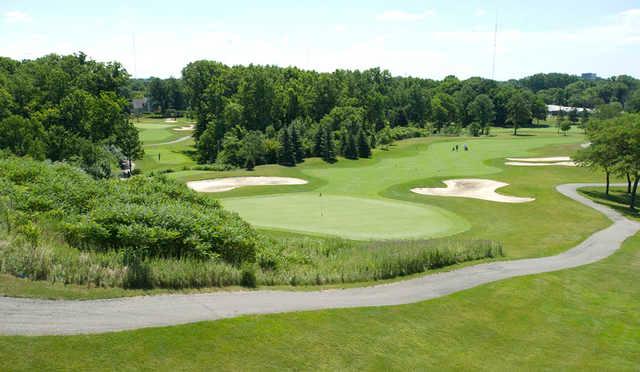 A view of green #2 protected by sand traps at Evergreen Hills