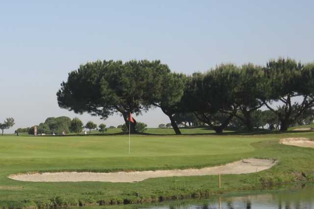 A view of a hole protected by bunkers from Shoreline Golf Links at Mountain View