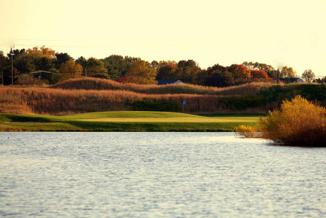 A view of the 17th green with water coming into play at Blue Mash Golf Course