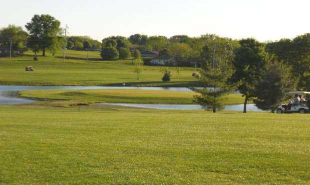 A view of the island green at Bow Lake Golf Course