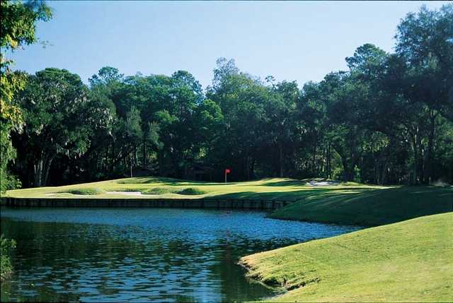 A view of a green with water and bunkers coming into play at Sea Pines Country Club