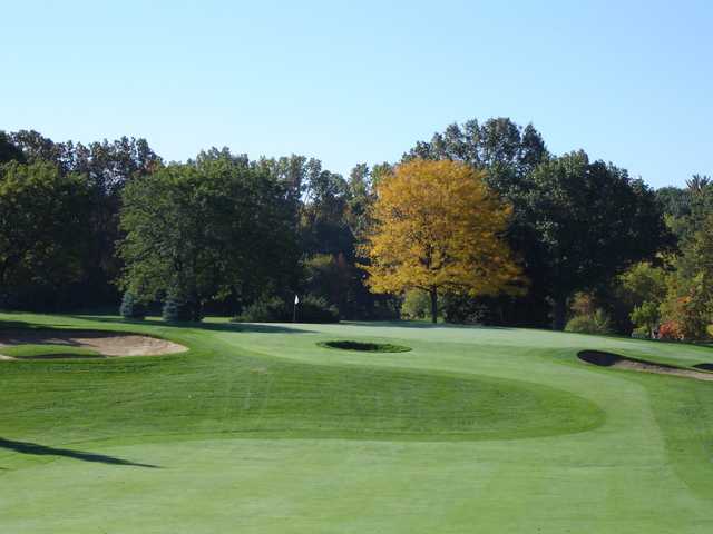 A view of a green protected by bunkers at L.E. Kaufman Golf Course