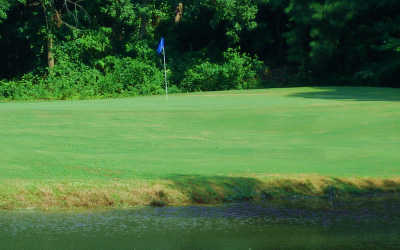 A view over the water of a green at Pine Hills Golf Club