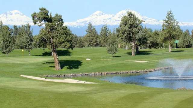 A view of a green with snowy mountains in background from Greens at Redmond