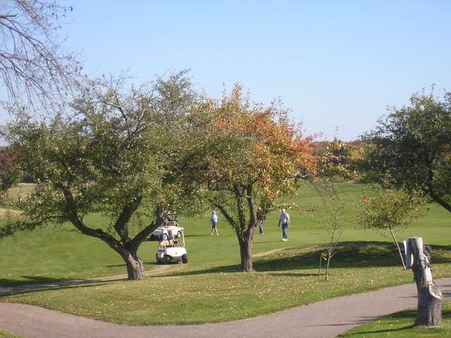 A view of the 2nd hole between the apple trees at Wicker Hills Golf Course