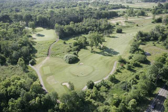Aerial view of holes #12 and #13 at College Fields Golf Club