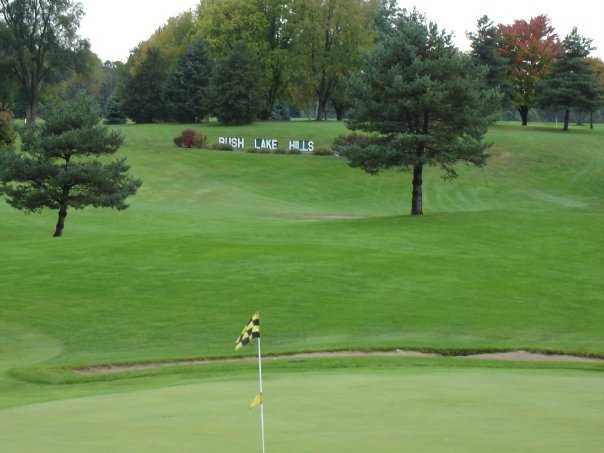 A view of green #18 from the clubhouse at Rush Lake Hills
