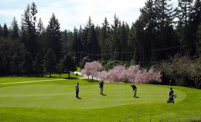 A spring view of green #18 at Sunshine Coast Golf and Country Club