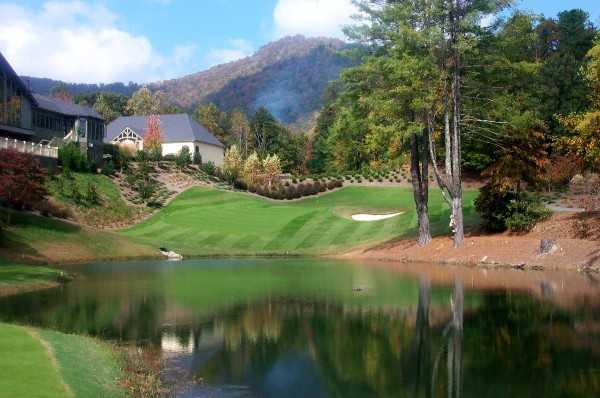 A view of hole #9 surrounded by water at Kingwood Golf Club & Resort