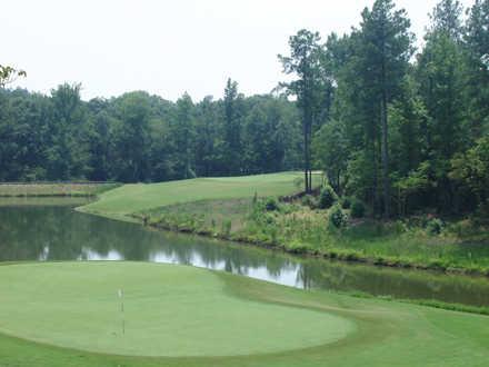 A view of a green surrounded by water at Bartram Trail Golf Club.