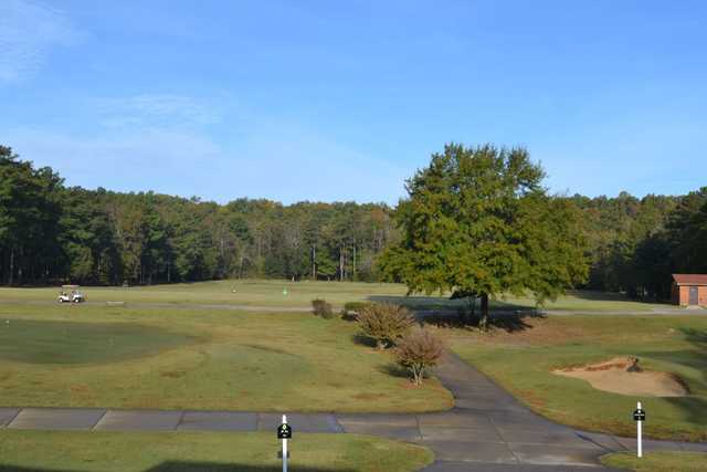 A view of the driving range at Oaks Golf Club from Oak Mountain State Park