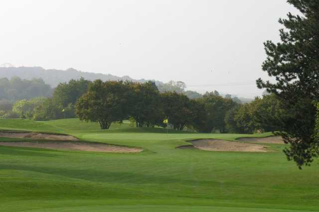 A view of green #2 guarded by a collection of tricky bunkers at Seraincourt Golf Club