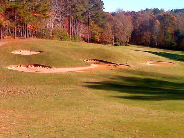 An autumn view of hole #16 at Towne Lake Hills Golf Club
