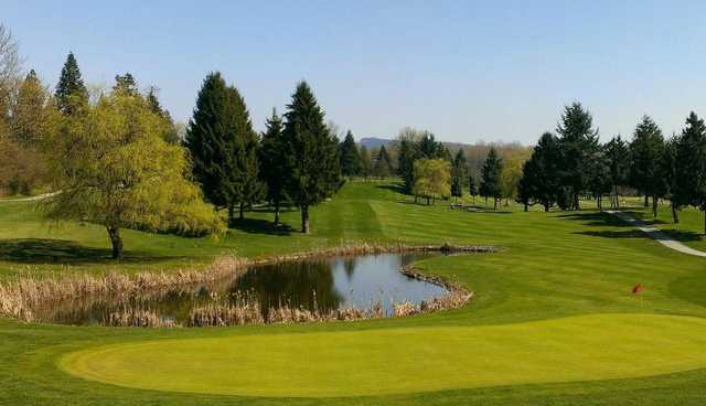 A spring view of a green at Fort Langley Golf Course